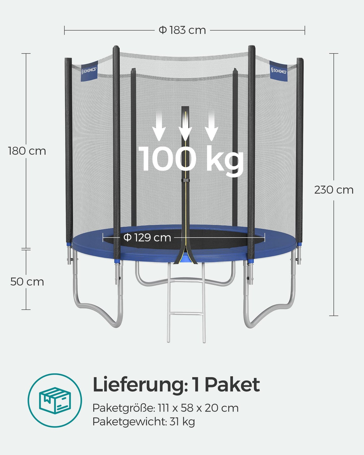 SONGMICS Trampoline Outdoor Ø 183 cm, garden trampoline for kids with safety net, padding, ladder, 180 cm high straight poles, steel frame, black-blue STR061Q01