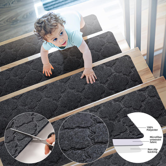YISUN Stair Treads 15 Pieces, Anti-Slip Stair Tread Mats, Self-Adhesive Rectangular Stair Carpet, Carpet Stair Steps for Outdoor Indoor Use for Kids, Elderly, and Dogs, 20 x 65 cm (Dark Gray)