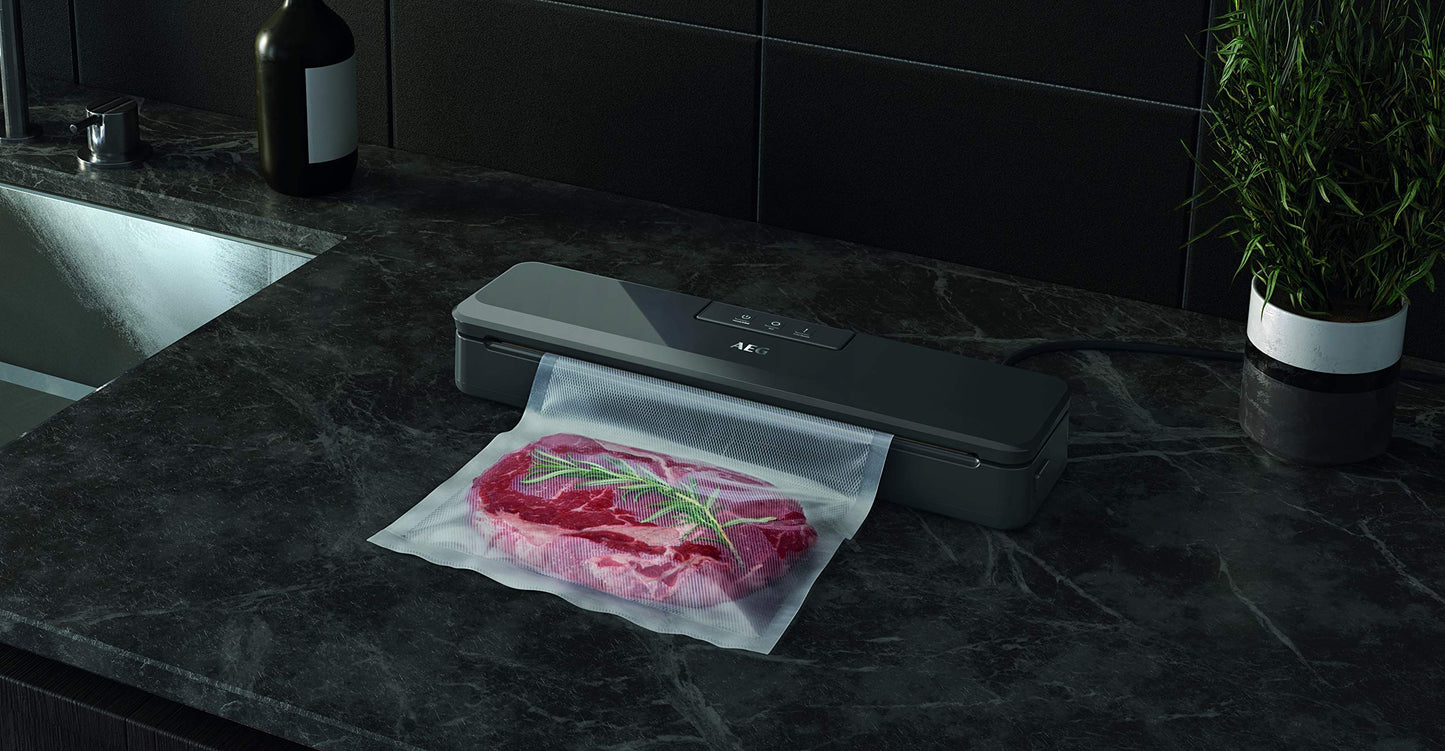 AEG VS4-1-4AG vacuum sealer (Fast and strong sealing of food, pulse function, no air bubbles, sleek design, quiet, includes 10 bags - 30 cm long, BPA-free, grey)