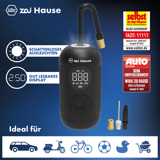 Wiha Home Electric Air Pump for Bike & Car with 3.7V Battery, includes adapters for Motorcycle/Ball/Tire/Car up to 10 bar/150 psi. Portable bike pump with LED ring light.
