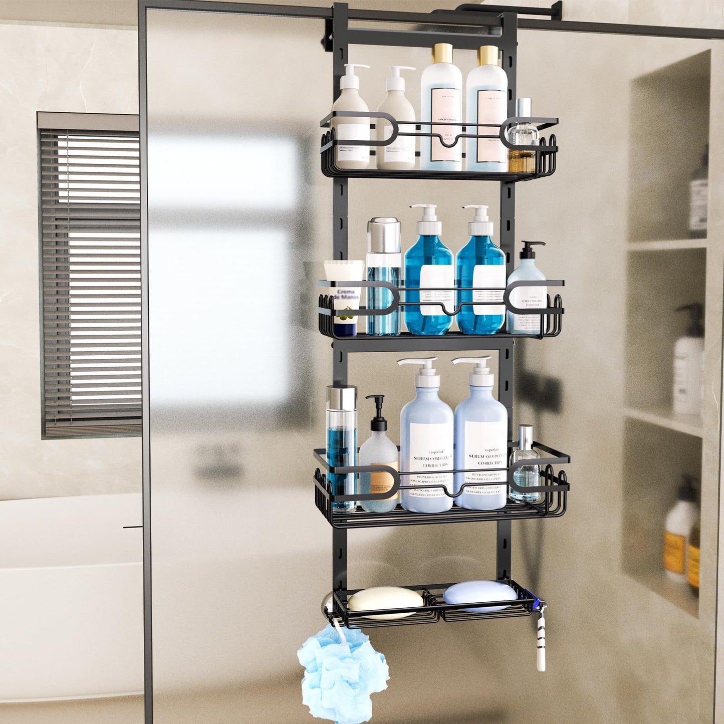 HapiRm Hanging Shower Caddy - Adjustable Hanging Shower Organizer with 4 Shower Baskets, Soap Dish, and Hooks, Over-the-Door Bathroom Shower Caddy