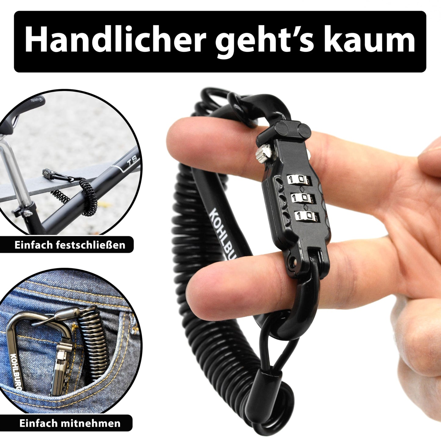 KOHLBURG 180cm extra-long combination lock for the bag - 3mm thick cable lock for use as stroller lock, helmet lock, snowboard lock & ski lock - mini road bike & bicycle lock with combination code