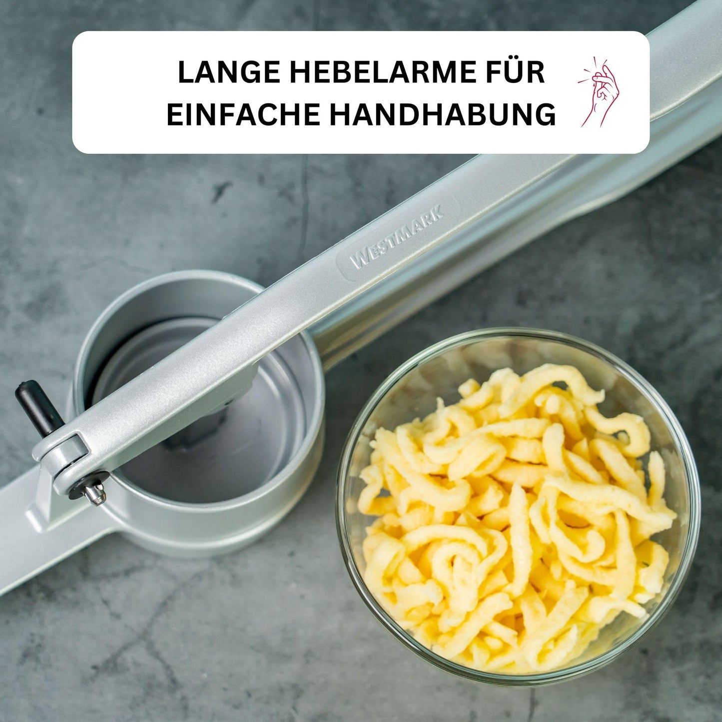 Westmark 611022E8 Spaetzle/Potato Press "Spaetzlepress Skimmer "Gentle", Aluminum, Silver/Black/Round Hole