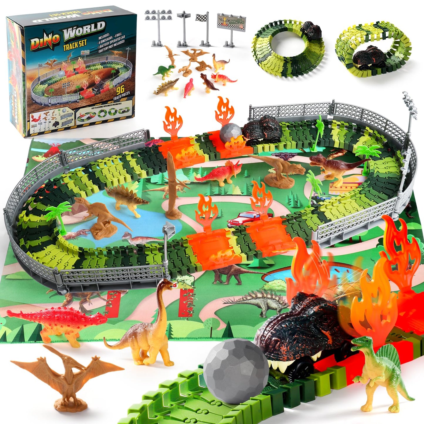 Dinosaur toy for ages 3 and up - race track for kids with 10 mini dinosaur figures, 1 car, and race track. Perfect gift for boys and girls ages 3-7.