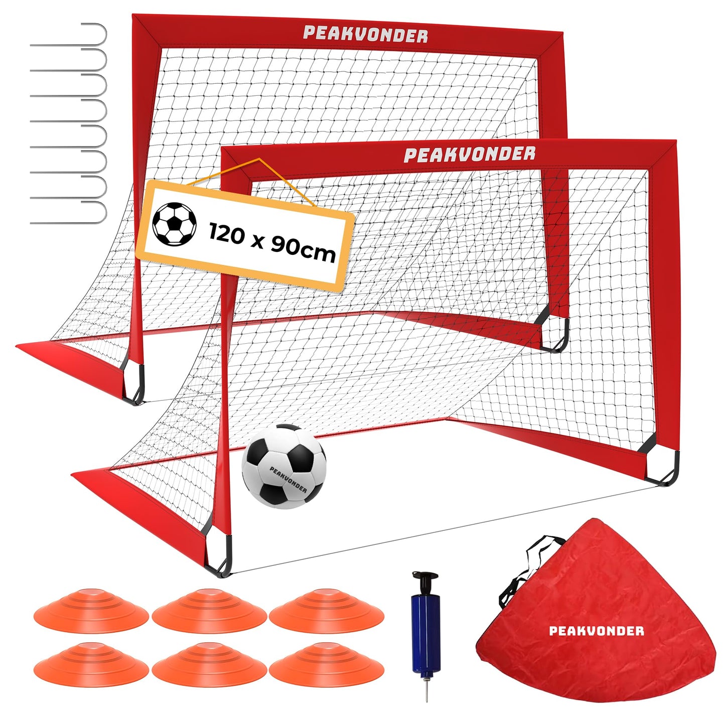 PEAKVONDER Soccer Goals for Yard Kids Pop-Up 2-Pack Soccer Goal Foldable with Fiberglass Poles & Premium Nets for Indoor, Outdoor | With Carrying Bag Soccer Cones Ball Pump Ground Anchors