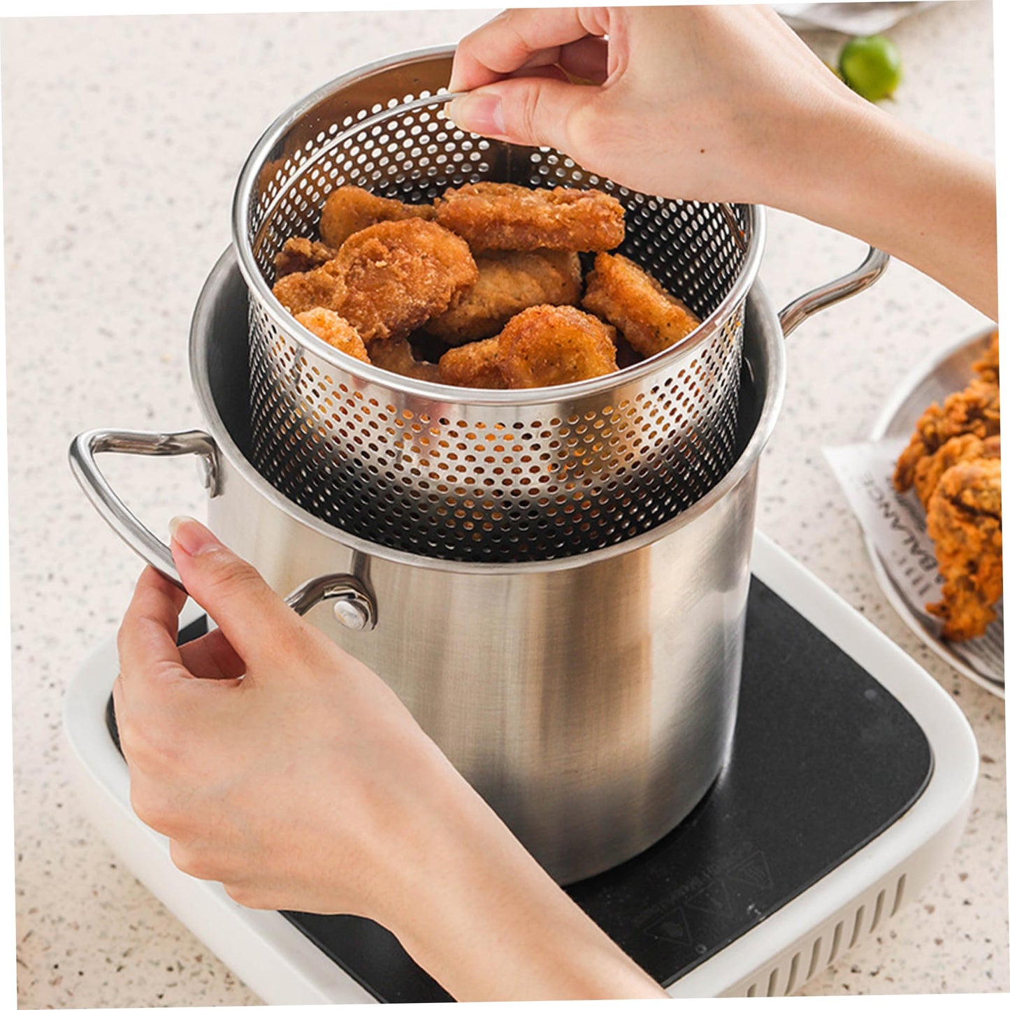 Home deep fryer pot with basket, 3.5-liter stainless steel, versatile fish frying pot with cooking basket for fries, chicken