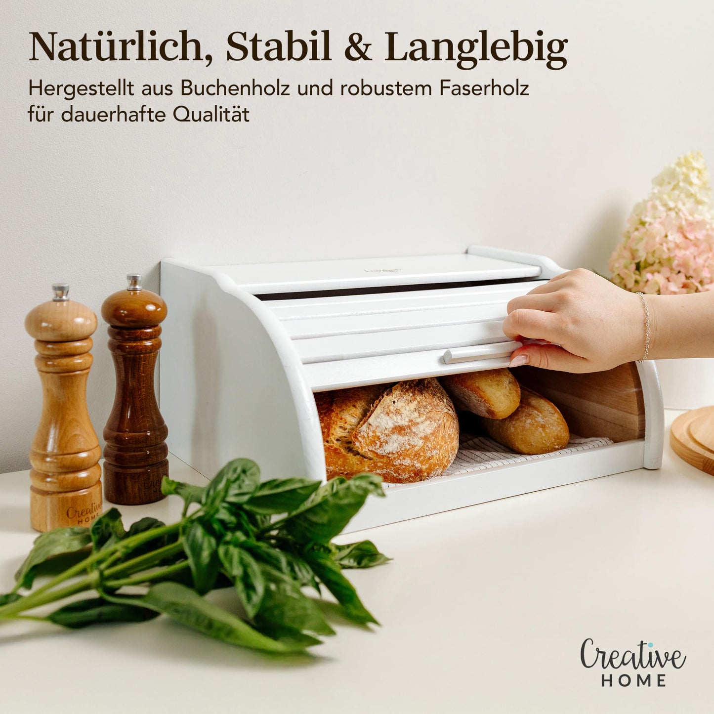 Creative Home White Bread Box Wood | 38 x 28.5 x 17.5cm (+/-1cm) | Perfect BreadBox for Bread Rolls Cakes | Bread Bin with Roll Lid | Natural Bread Storage| Bread Container for Any Kitchen