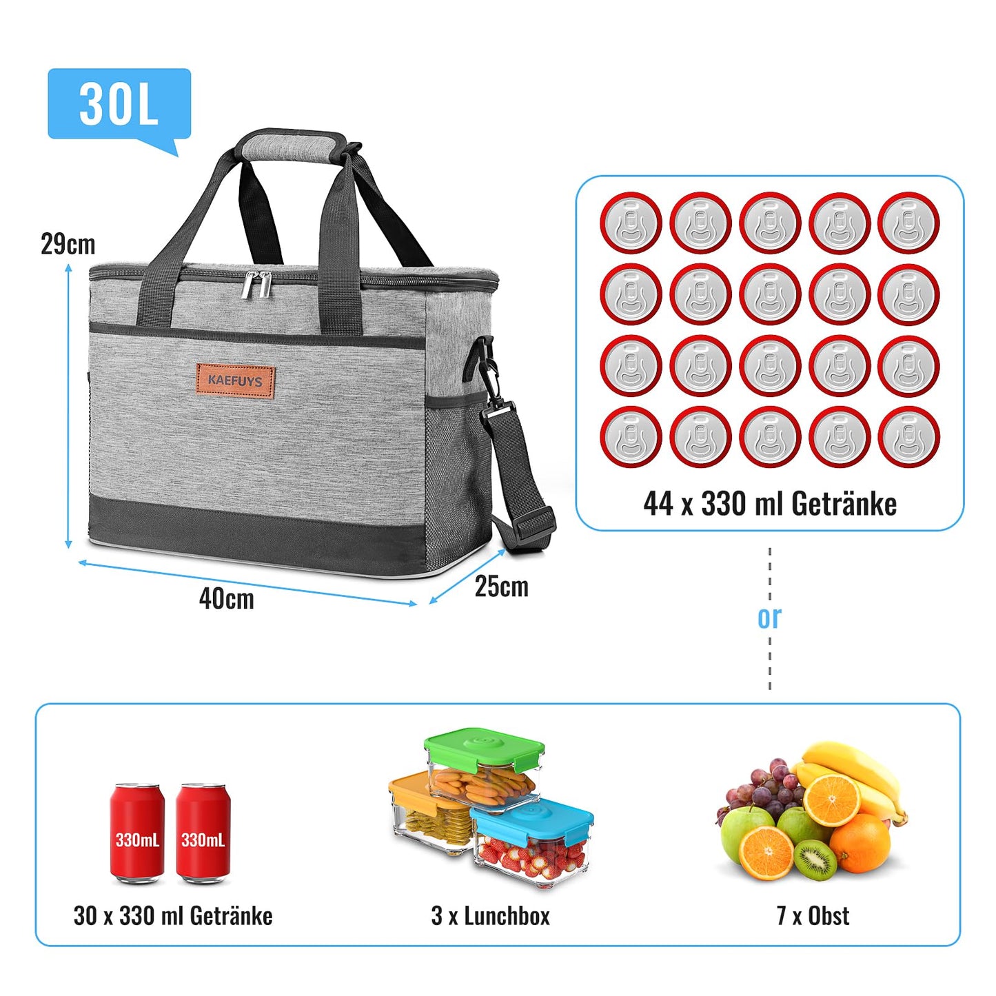KAEFUYS Cooler Bag 30L+14h Cooling Thermal Insulated Portable Foldable Waterproof Large Picnic Bag for Shopping Car Office Camping Outdoor Travel Food Transport Provisions Family BBQ