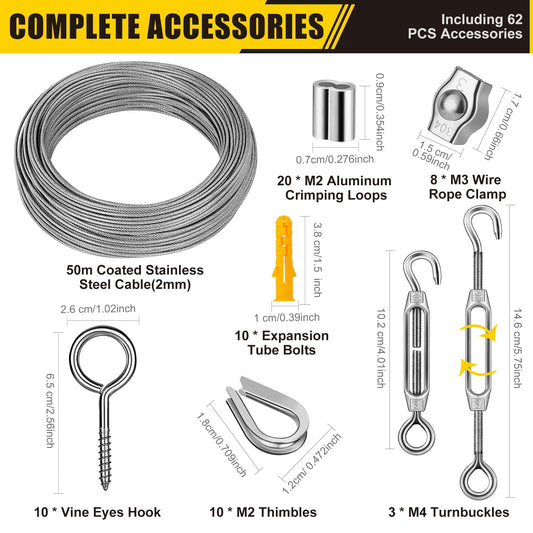 UPDOKIT 62pcs Stainless Steel Wire Rope Set, 50m Wire Rope for climbing plants, 2mm Steel Rope Coated Set with eyes, Rope Tensioner, Wire Rope Clamp for trellis, fences, and DIY projects.