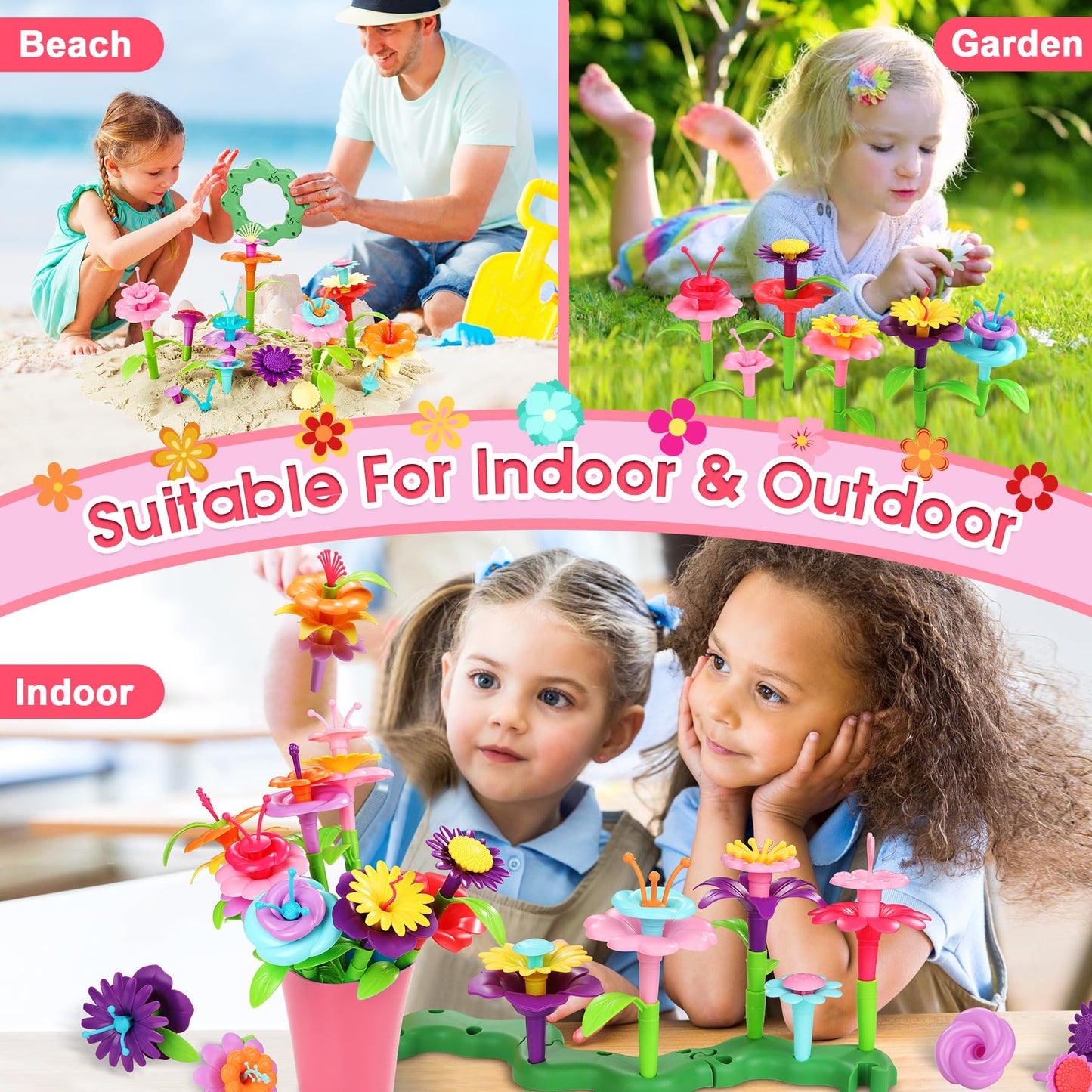 Fivejoy Flower Garden Toy for 3+ Year Old Girls, Montessori Toy Flower Building Blocks Motor Skills Toy, DIY Toy for 3-5 Year Old Girls and Boys, Birthday Gift