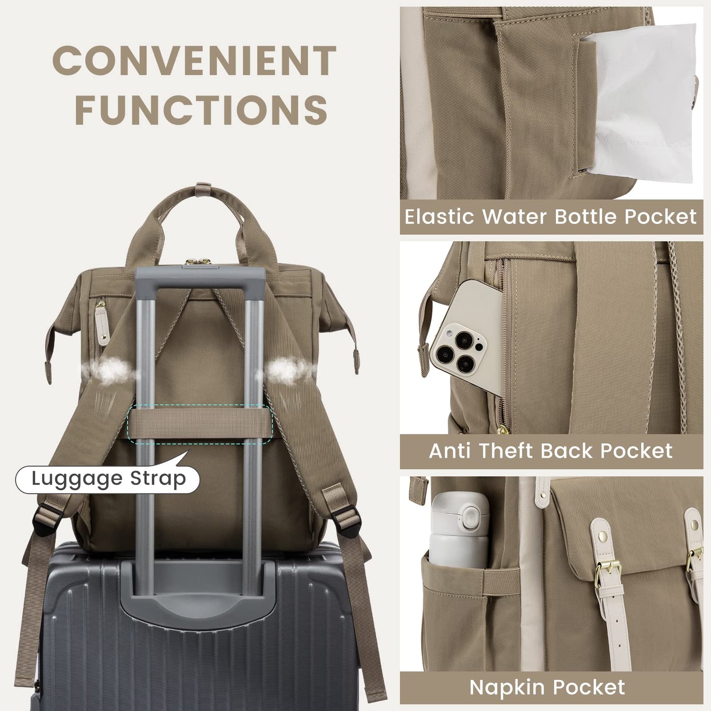 LOVEVOOK backpack for women, large laptop school backpack for girls teenagers 17 inches with data cable bag, waterproof travel backpack school bag backpack elegant for university work business travel beige