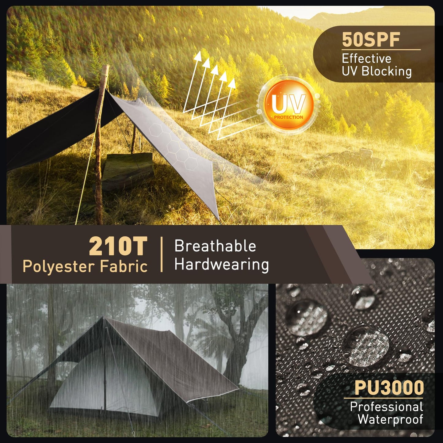 VOSOIR Tarp 3x5M Waterproof, Ultralight Camping Tent Tarp with 15 Grommets+8 Aluminum Stakes+10 Nylon Ropes, Anti-UV Snow Rain Protection, Lightweight Compact, for Hammock Camping Picnic (Dark Brown)