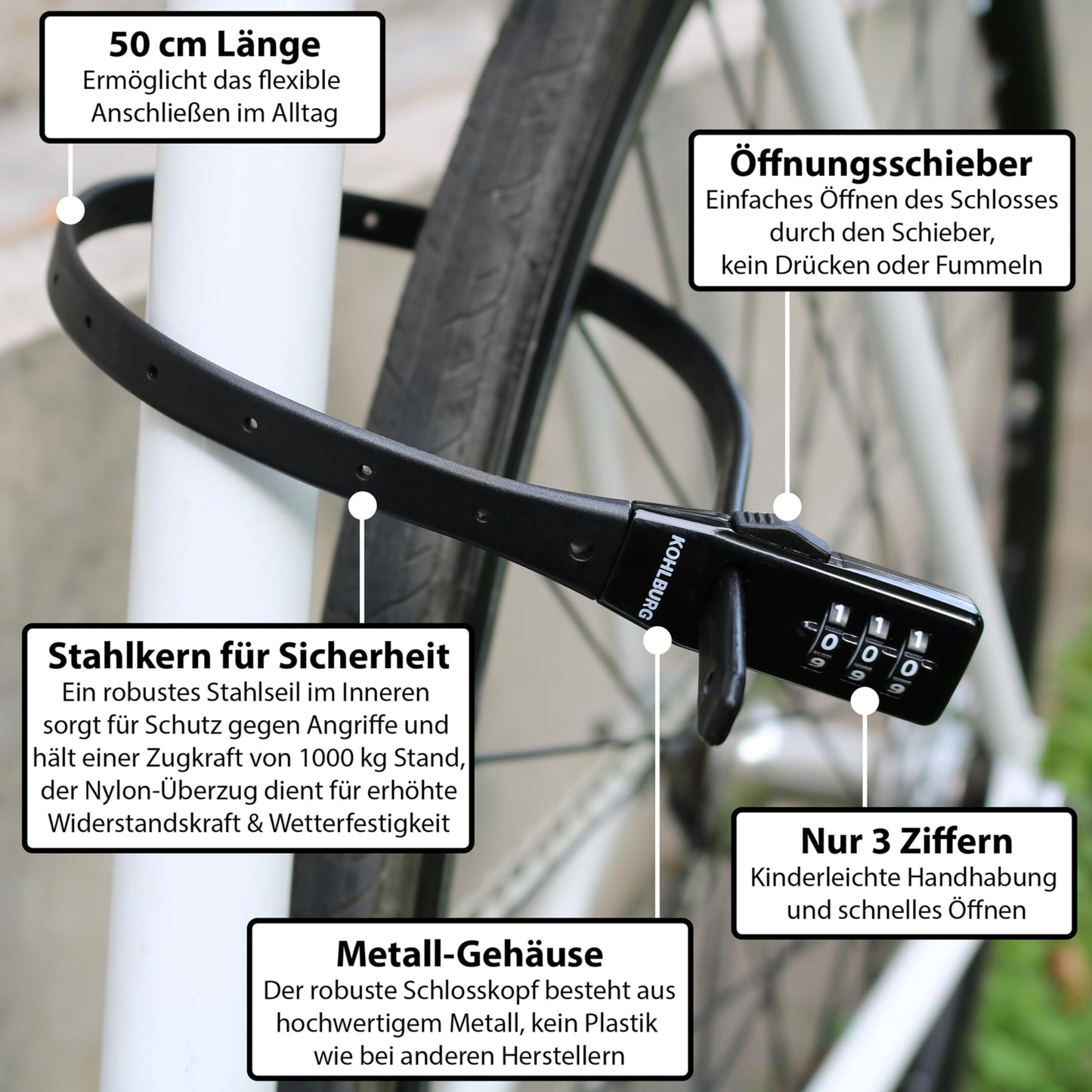 KOHLBURG ultra-light combination lock - 70g light with numeric code - 50cm bike lock small and secure - cable tie lock also for road bike scooter roller - helmet lock ski lock & child lock