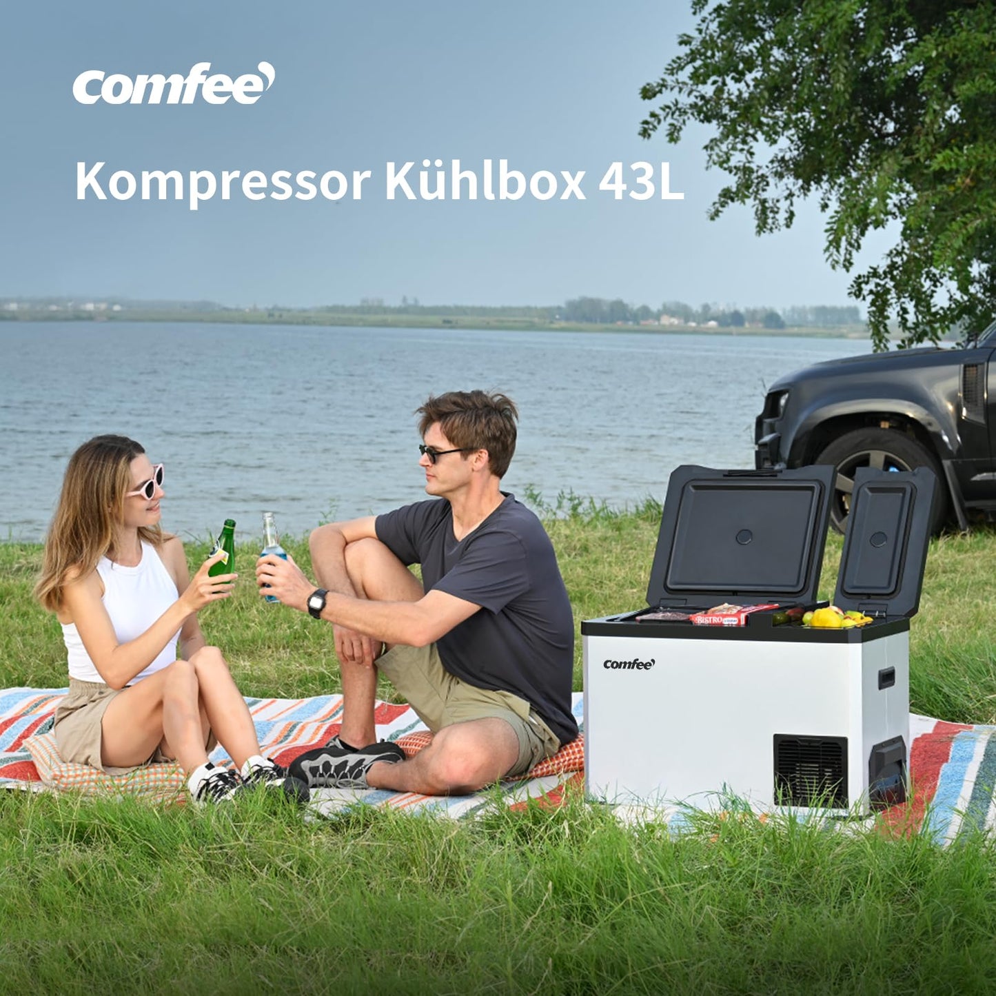 Comfee RCP43DS3(E) 43L compressor cooler, electronic control, LED light, ECO mode, low noise, suitable for home and outdoor use, 12/24V DC and 100-240V AC power supply.