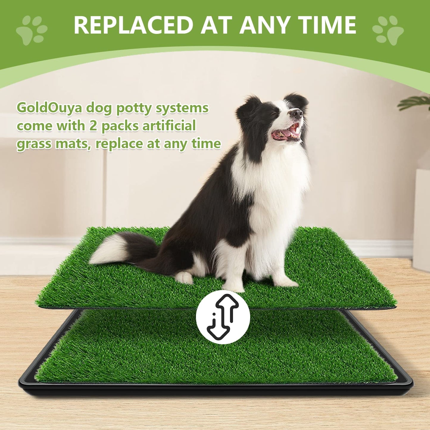 GoldOuya 60 x 90 cm dog grass pad with tray for indoor and outdoor use, great for large dog potty training is a complete potty system. Grass potty pads for dogs with tray are reusable.