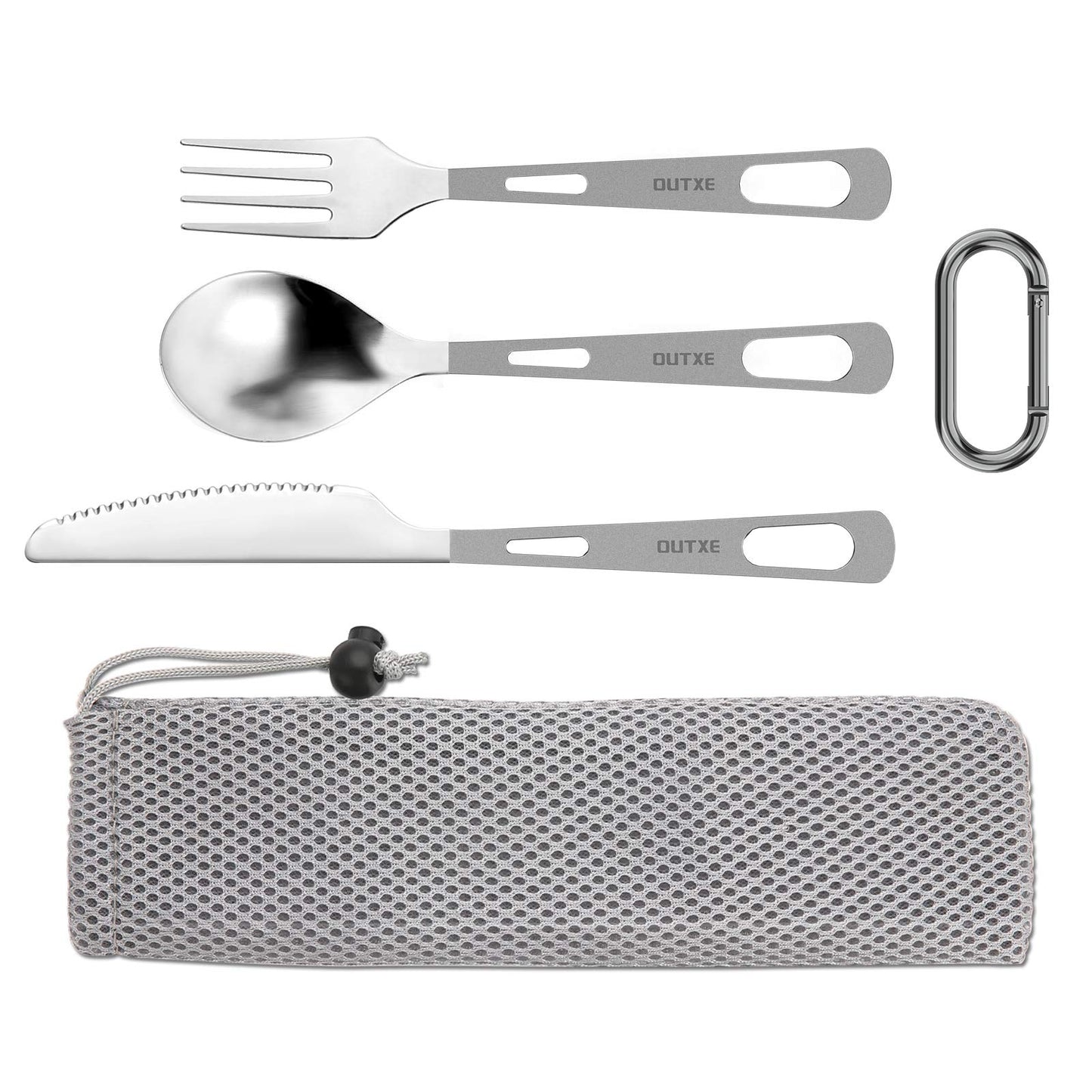 OUTXE Titanium camping utensil set 3-piece polished titanium spoon-fork-knife combo and neoprene case, lunchbox cutlery set and travel utensil.