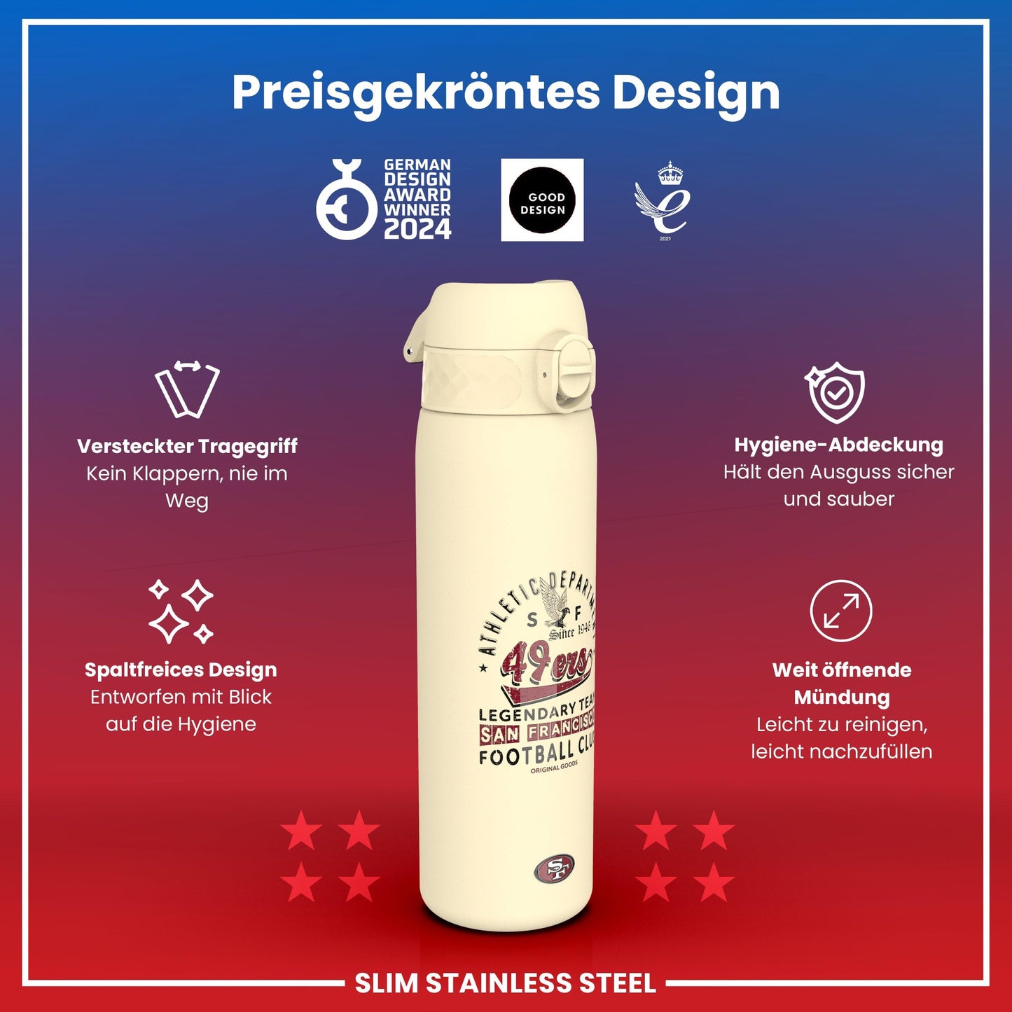 ion8 NFL E 49ers Lightweight Stainless Steel Water Bottle, 600ml/20oz, non-insulated, leakproof, easy to open, secure seal, dishwasher safe, flip lid, fits in cup holders.