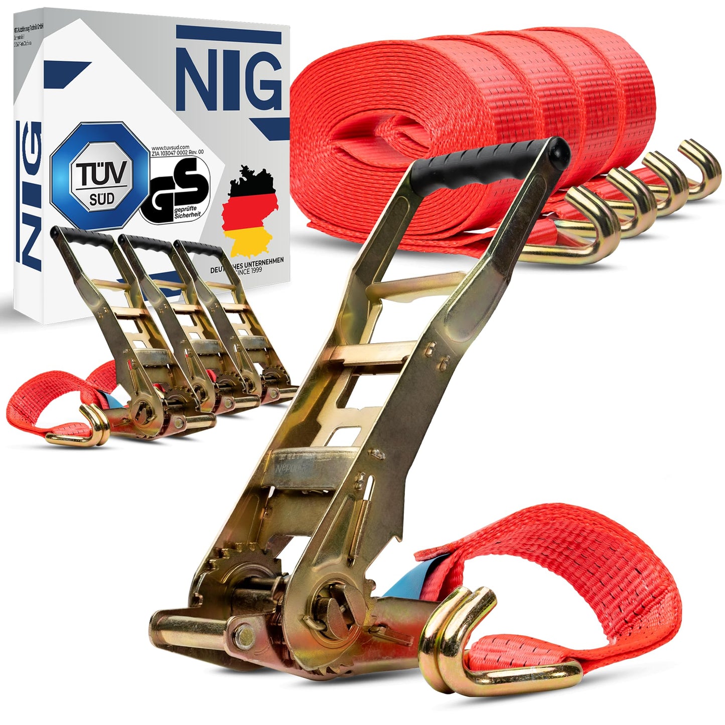 2 pieces of 5000kg 10m ratchet straps with ergo ratchet and hook, 2-part lashing strap for trucks, 50mm TÜV/GS approved.