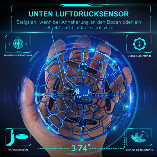 Small Mini UFO Drone Flying Ball, Flying Toy Hand-Controlled 360° Rotating Hover Flying Ball with LED Light, Indoor Outdoor Gifts for Kids Boys Girls 6 7 8 9 10+ Years, Blue