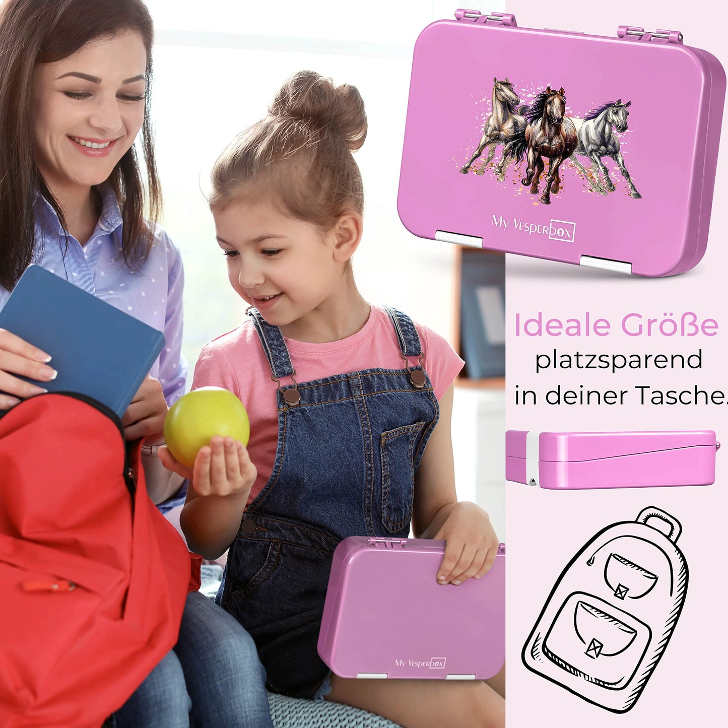 My Vesperbox - Len - Bento Box Children - Lunchbox with 4+2 compartments - extremely durable - lunch box - ideal for kindergarten and school. (Pink - Horses)