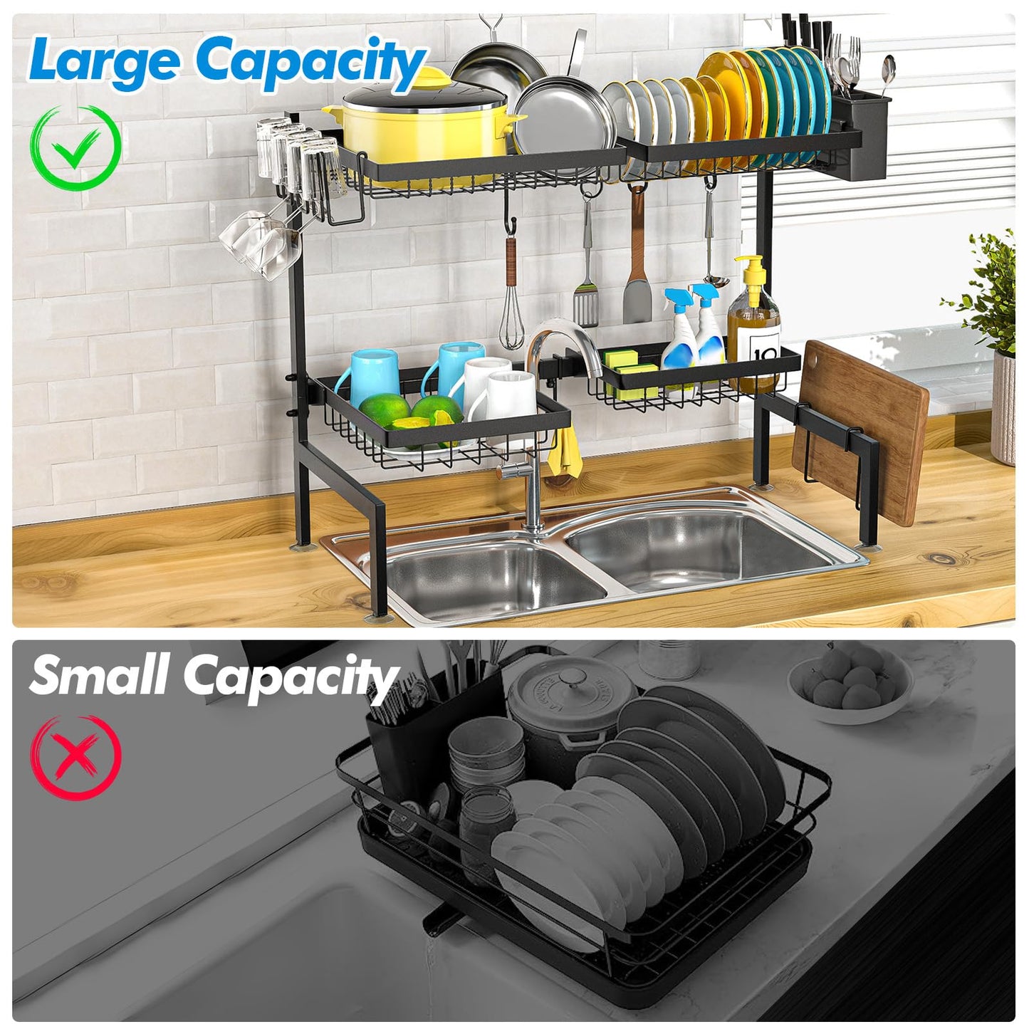 SNSLXH 3-tier dish drying rack with 6 baskets, 63-89.9 cm, sink dish drying rack, large kitchen sink shelf, extendable and adjustable, saves space in the kitchen.