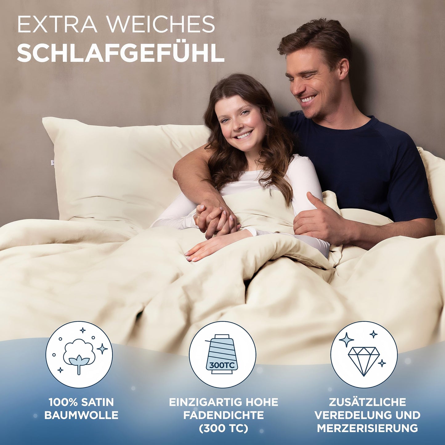 Samthus bed linen 155x220 cotton satin - Oeko-Tex Made In Green - Heavenly soft sleep - Bedding set with 1x duvet cover 155x220 + 1x pillowcase 80x80 - Duvet Cover - Beige