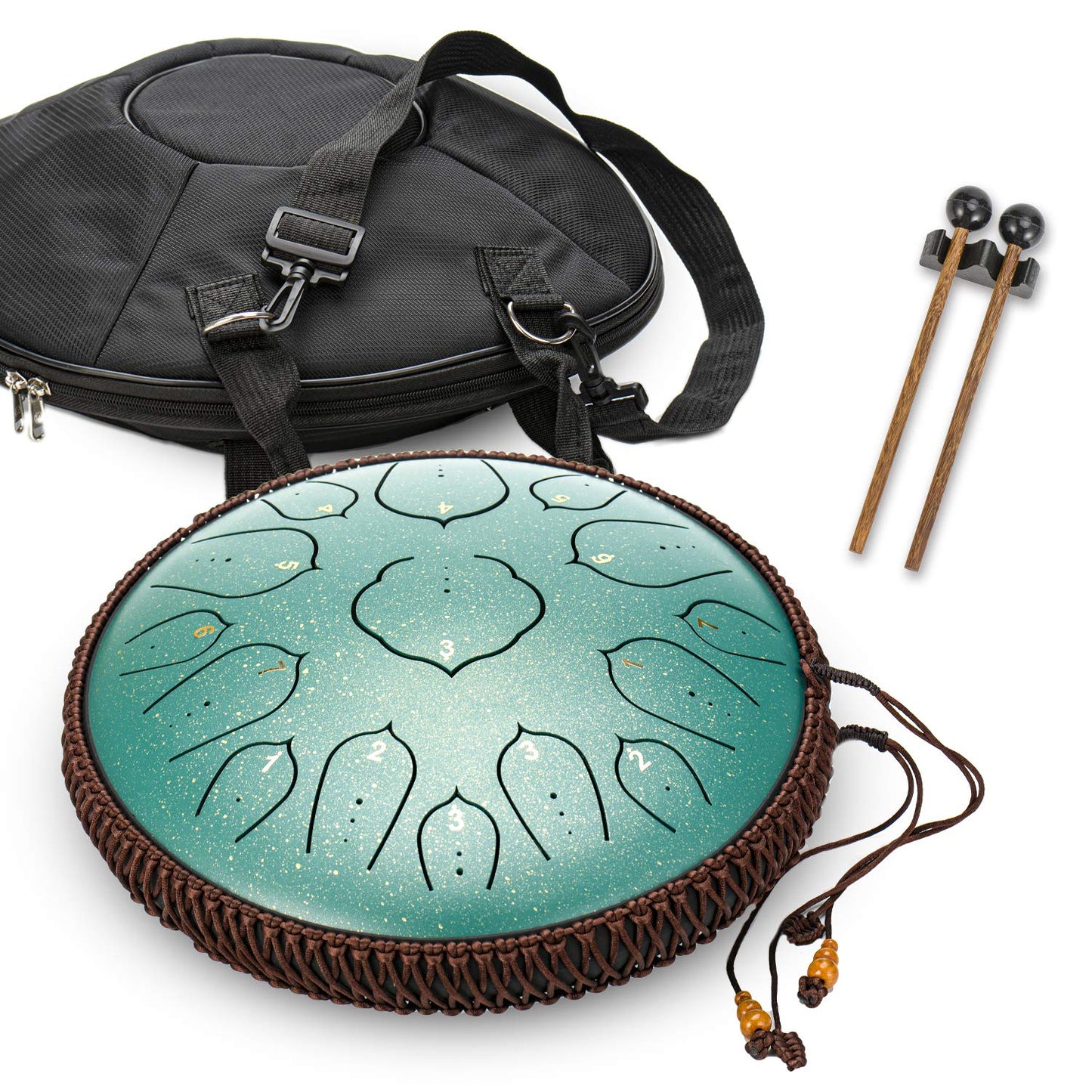 AMKOSKR Steel Tongue Drum, 14 inch 35 cm Steel Tongue Drum, D major 15 notes, Hand Drum HandPan Drum with drumsticks/ carrying bag (Green)