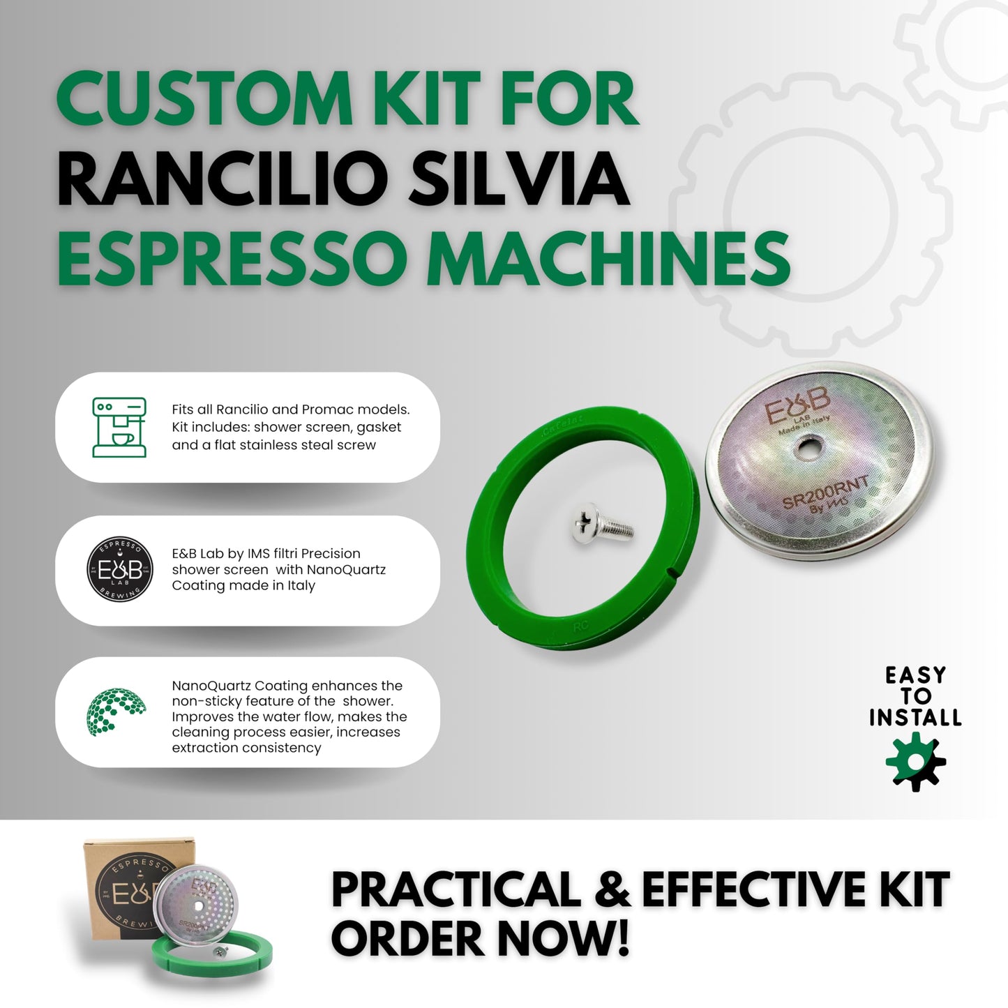 Tune Up Kit for Rancilio Silvia Espresso. Nanotech Reinforced Shower Screen, Cafelat Seal, Flat Screw. 3