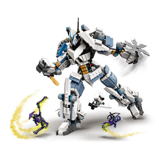 LEGO 71738 NINJAGO Legacy Zane's Titan Mech, ninja building toy with 4 minifigures including Jay in gold armor and 2 ghost warriors, poseable action figure.