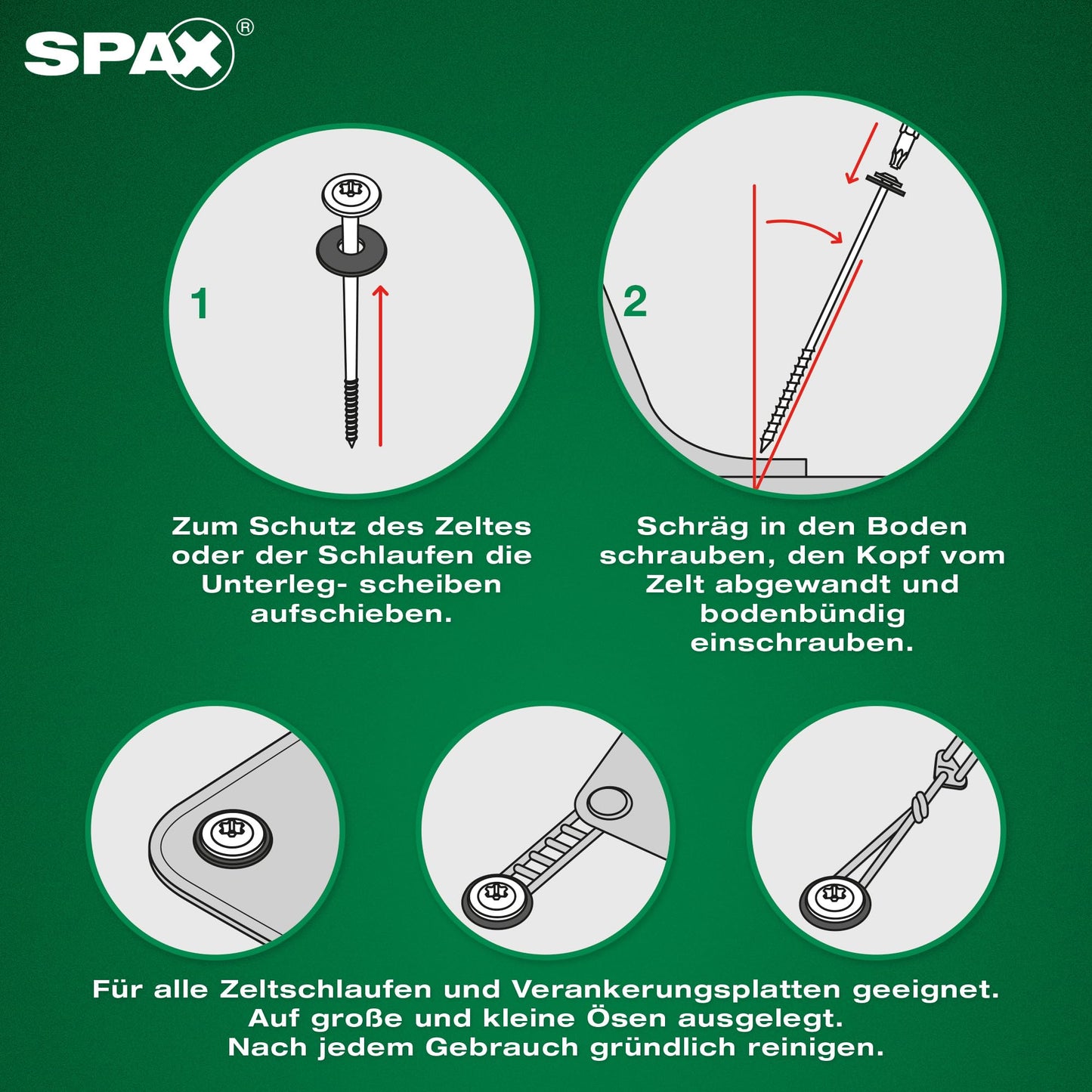 SPAX Camping set - 18 tent screws, 2 bits, 18 washers & flashlight, screw pegs for securing tent, awning, sail, canopy - 8000000294600