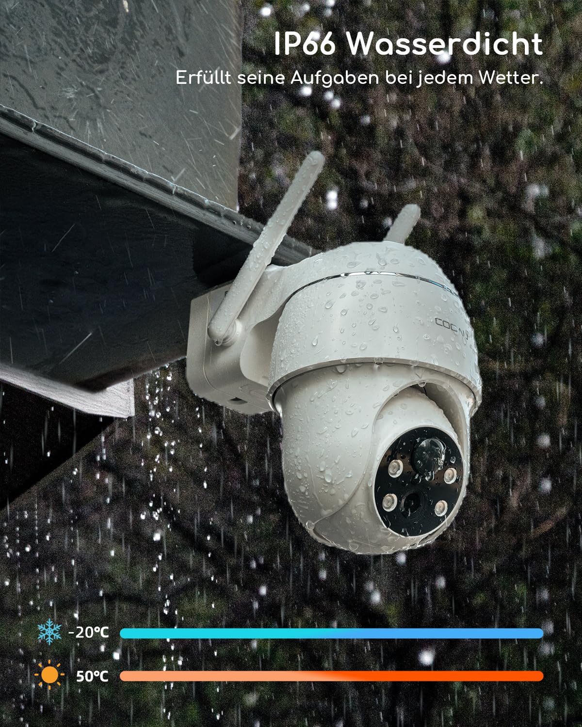 COOAU 2K outdoor battery-powered security camera, 355°/90° rotatable, wireless WLAN IP camera with color night vision, person/motion detection, IP66 waterproof, cloud storage.