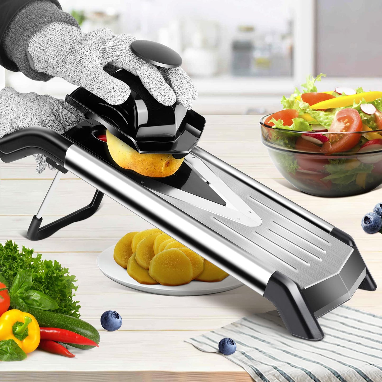 MASTERTOP Mandoline Vegetable Slicer with V-Blade, 5 in 1 Vegetable Cutter Vegetable Grater Stainless Steel, Cucumber Slicer Thin Slices, Adjustable V-Slicer Kitchen Slicer Grater for Vegetables