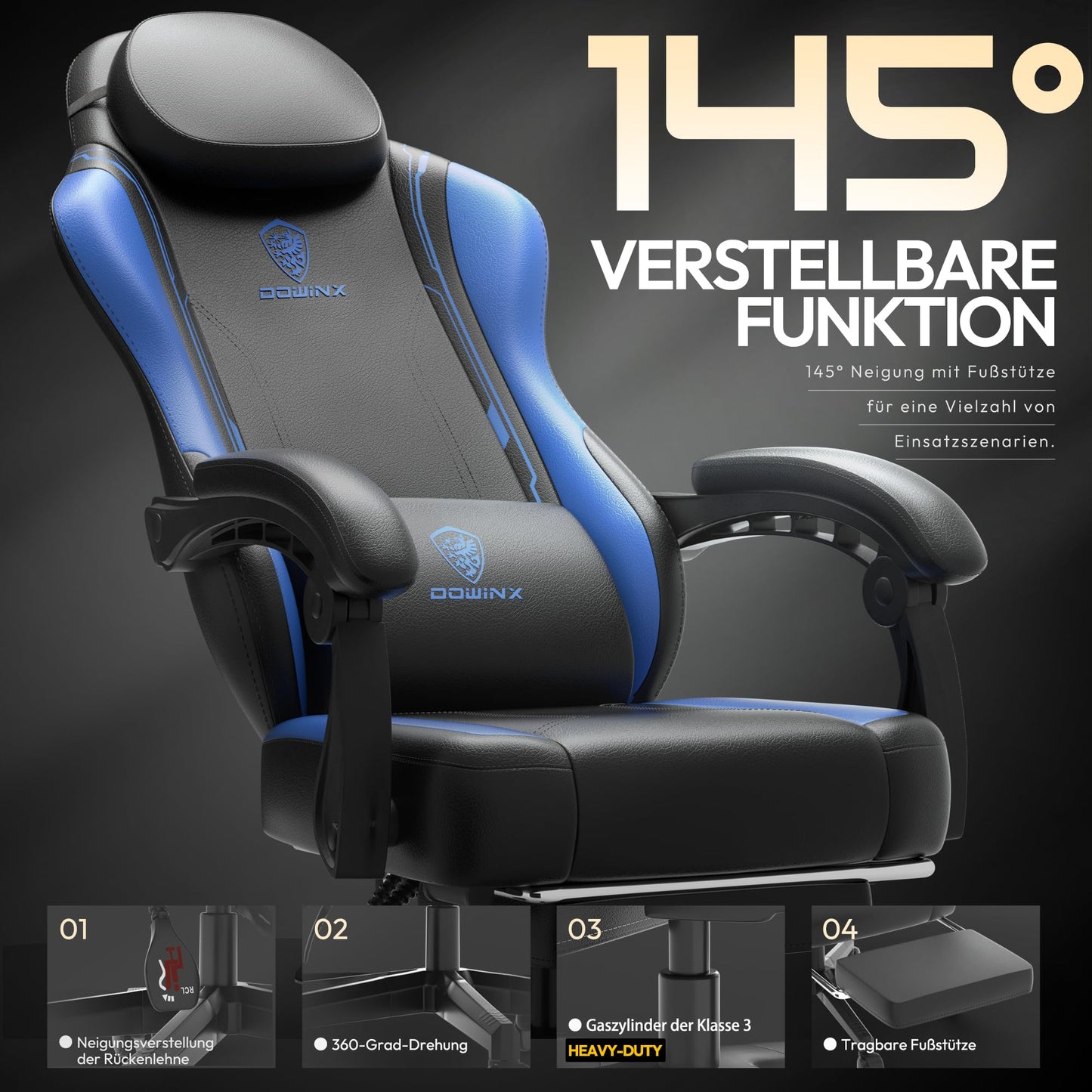 Dowinx Gaming Chair, Ergonomic Gamer Seat made of PU leather with lumbar support, massage function and wide backrest, up to 150 kg load capacity, Blue.