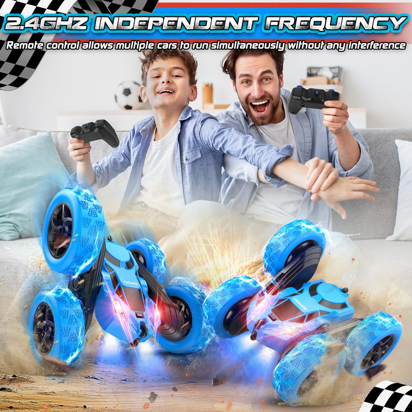 Cosone Remote Control Car, 2.4 GHz RC Cars with headlights, All-wheel Drive Off-road Stunt Car, Double-sided 360° Rotatable Car Toy, Gifts for Kids 6+ Years Old (Blue)