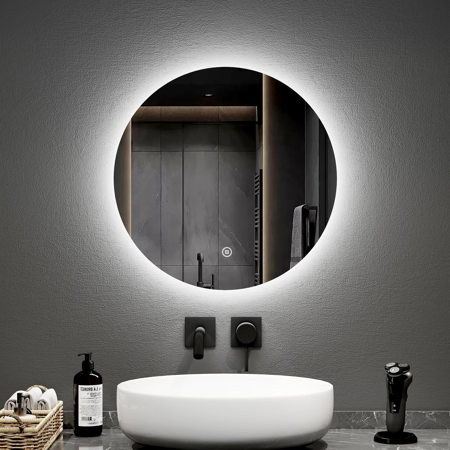 EMKE bathroom mirror with lighting, 50cm diameter round illuminated mirror with dimmable cool white light, memory function, touch switch, energy-saving IP44 backlit bathroom mirror