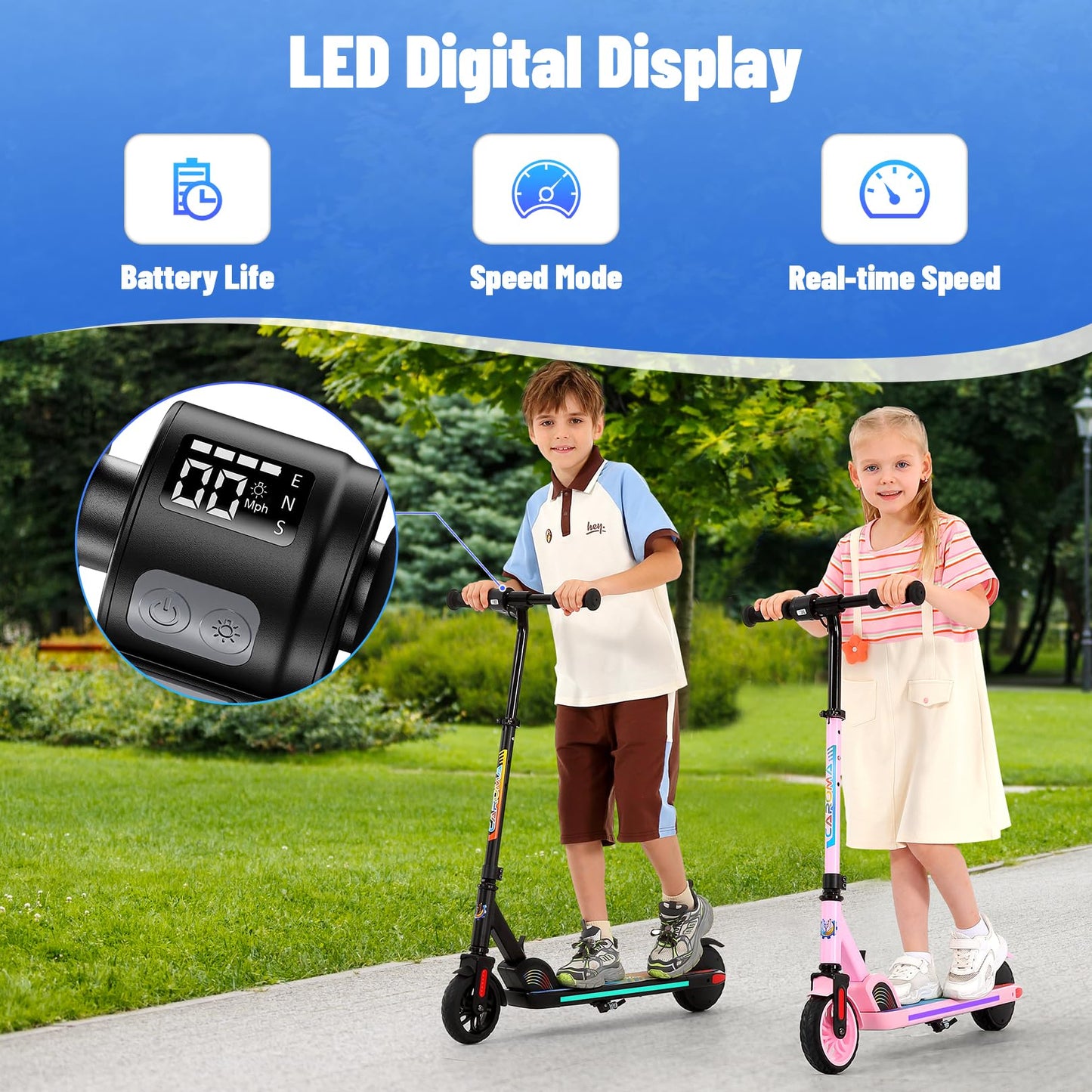 Caroma E-Scooter for kids aged 6-14, 180W motor, 16 km/h, 80 mins ride time, adjustable speed and height, colorful lights, LED display, foldable kids electric scooter