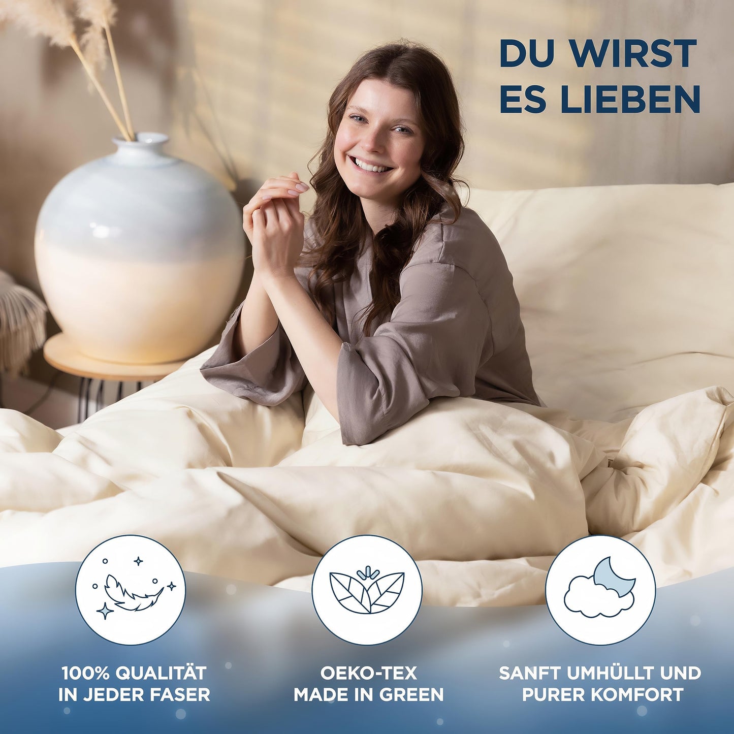 Samthus bed linen 155x220 cotton satin - Oeko-Tex Made In Green - Heavenly soft sleep - Bedding set with 1x duvet cover 155x220 + 1x pillowcase 80x80 - Duvet Cover - Beige