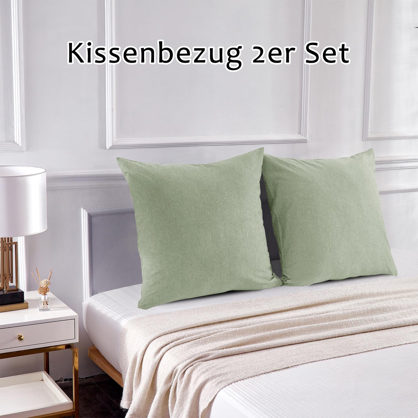 TOCOMOA 50x50 cm pillowcase set of 2 - 100% washed cotton pillowcases Oeko-TEX certified, linen look and breathable pillow cover, light green pillowcase with zipper.