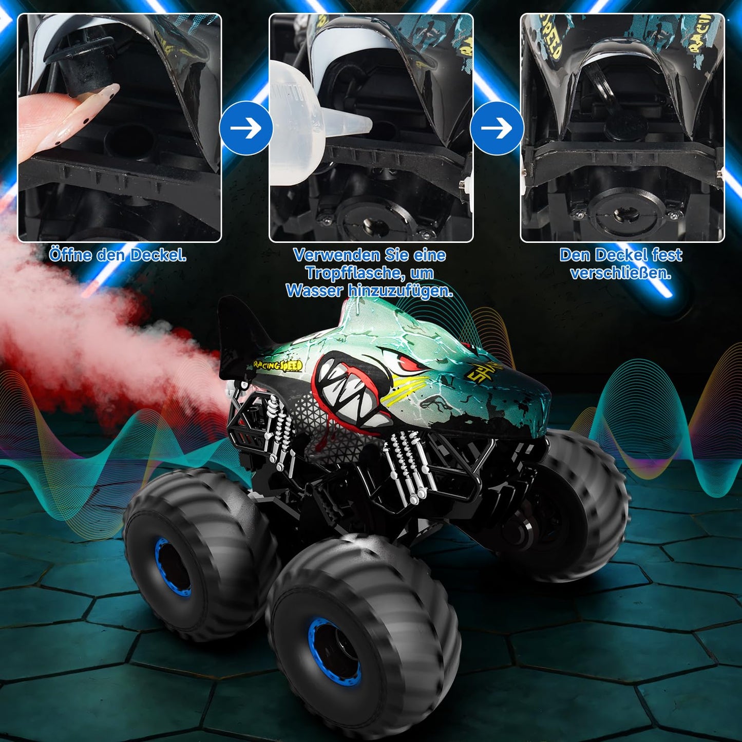 Remote control car, 1/16 monster truck with stomp and 360° rotation, Shark monster truck remote controlled with spray, lights, music, 15KM/H RC monster truck with 40MIN playtime, gift for 3 6 8 10 year old boys.