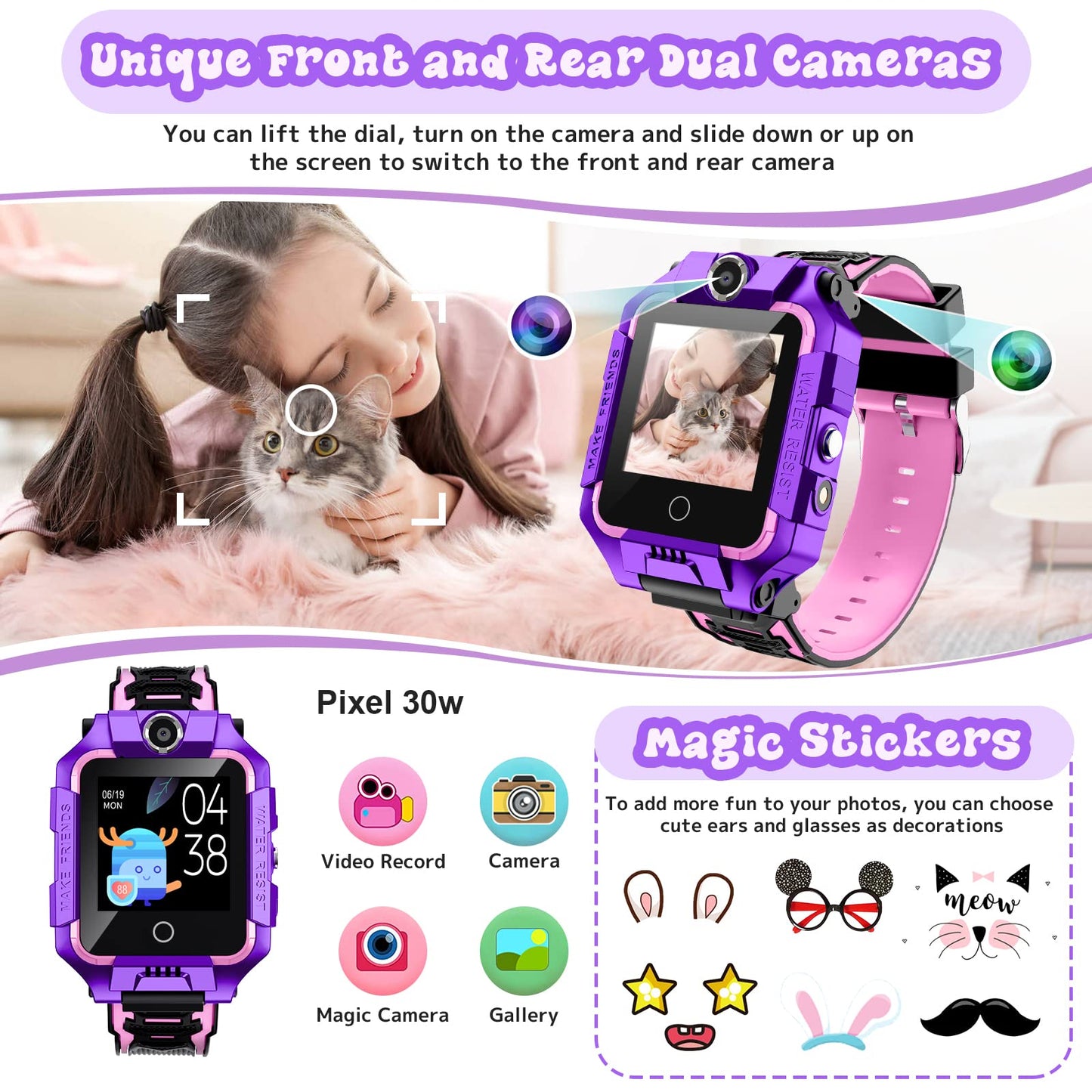 Children's GPS tracker smartwatch for boys and girls, 4G video & phone call with 360° rotation, kids GPS watch for 4-12 years old, Christmas & birthday gifts (T10 Purple)