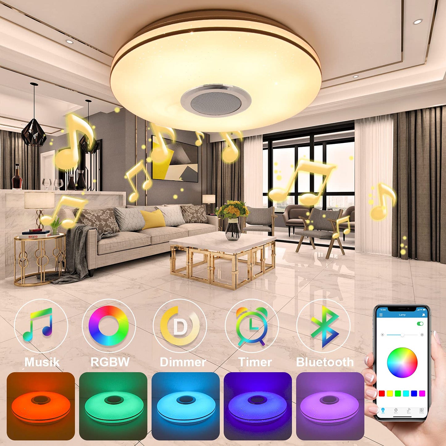 MILFECH 36W LED Ceiling Light Dimmable with Bluetooth Speaker, Remote Control and APP Control, LED Ceiling Lamp with RGB Color Changing, Music for Bedroom Kids Room Living Room