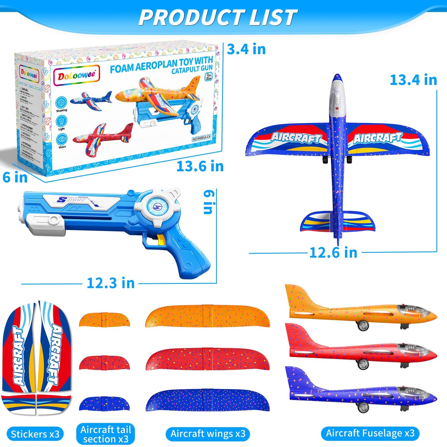 Doloowee Plane Toy, 3 Styrofoam Flyers with Catapult Toy Gun, Outdoor Toy for Kids Age 4+, Gift Boys Girls 4-10 Years