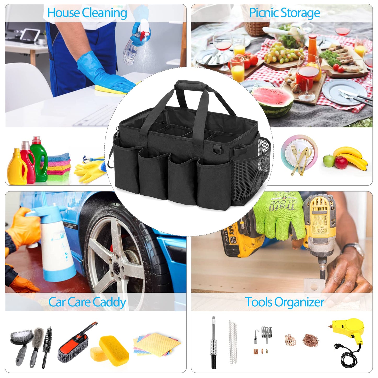 HODRANT Extra Large Cleaning Caddy Organizer, with sturdy pad & handles, Cleaning Storage Bag for Cleaning Products (Black)