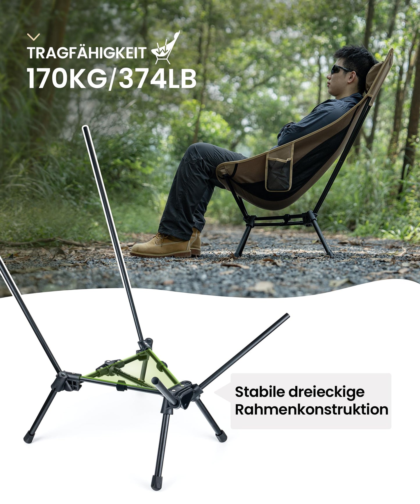 OneTigris TIGERBLADE camping chair high backrest foldable 170kg, folding camping chair light triangular frame, folding fishing chair with 2 side pockets, ultralight folding chair for outdoor, hiking (coyote brown)