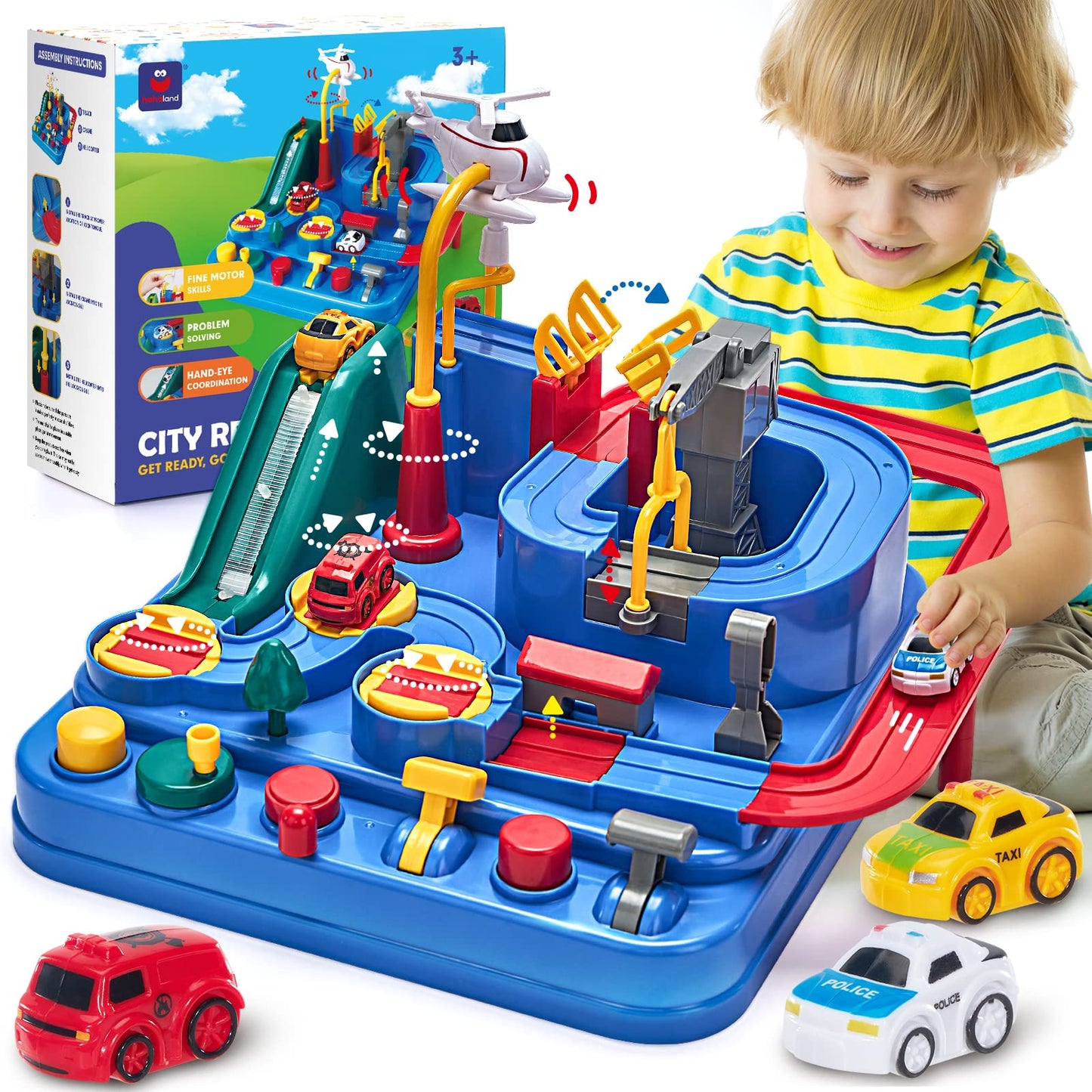 hahaland toys for 2 3 4 5 year olds, car toys for 2 year old boys girls, adventure car racing track set for kids, toy car gift for 2 3 4 5 year old boys