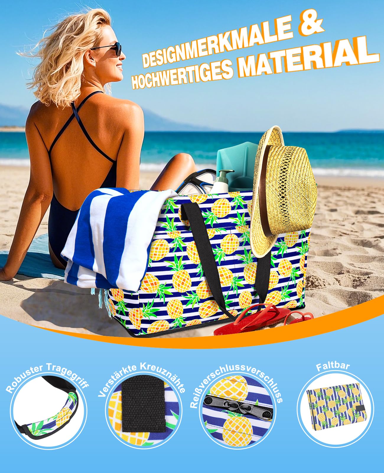 ISEYOU XXL Beach Bag Family with Cooler, Large Beach Tote with Zipper Waterproof Sandproof, Women's Handbag 49L, Foldable Beach Bag for Vacation Travel Gym Picnic