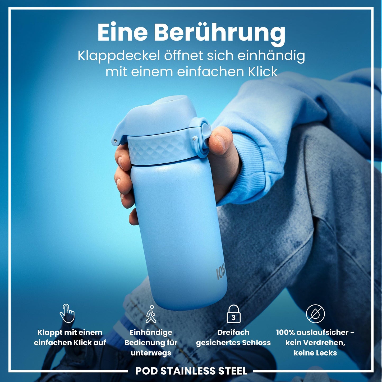 ion8 Kids Water Bottle, Stainless Steel Light 400ml, Not Insulated, Leak Proof, One-Hand Opening, Secure Locking, Dishwasher Safe, Foldable Lid, Handle, Easy to Clean, Alaska Blue