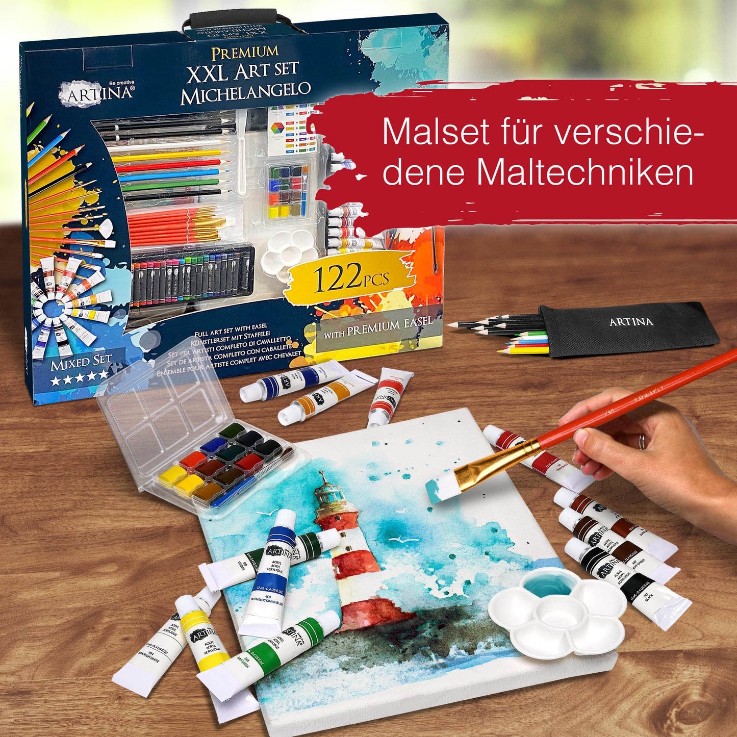 Artina 122tlg XXL Painting Set with Michelangelo Easel - Artist Set Acrylic & Drawing Set - Colored Pencils, Canvas, Brush Set, Watercolors, Pastel Chalk - Great Creative Set for all ages