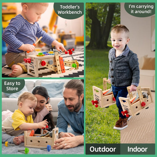 Toolbox for kids 2 3 4 years old, Montessori wooden toy tool set workbench learning games hammering toy screwdriving game gifts for boys girls 3 years old and up