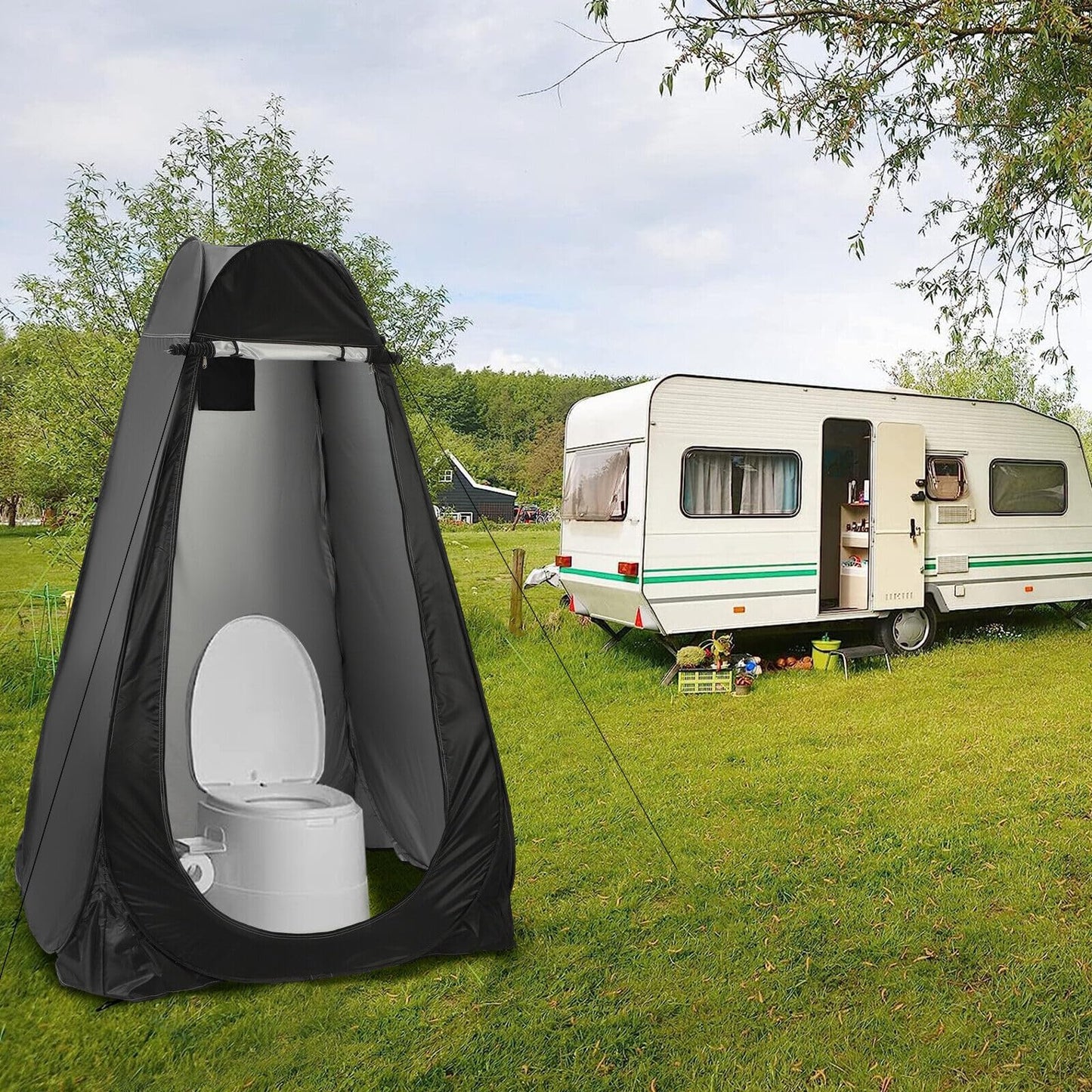 Pop-Up Toilet tent - Black shower tent with UV protection, waterproof polyester, window & carrying bag - Ideal for camping, beach & outdoor activities.